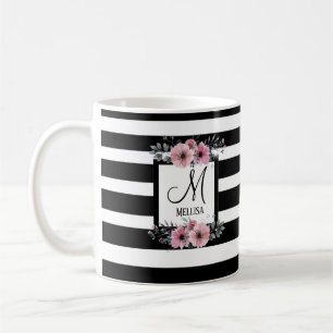 Taza De Café Bandas negras y blancas monograma floral rosa
