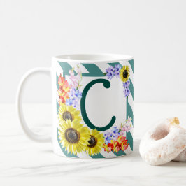 Taza De Café Bandas Verde azuladas monograma de girasol