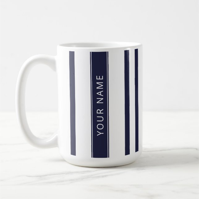 Taza De Café Bandas verticales azul de la marina con tu nombre  (Izquierda)
