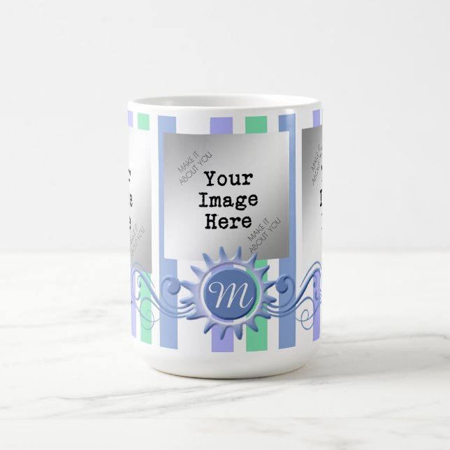 Taza De Café Bandas y monogramas Florecientes-Verde azulados/Mi (Centro)