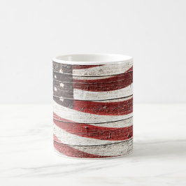 Taza De Café Bandera Americana Pintada sobre Textura de Madera 