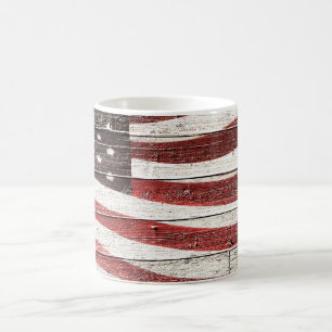 Taza De Café Bandera Americana Pintada sobre Textura de Madera 
