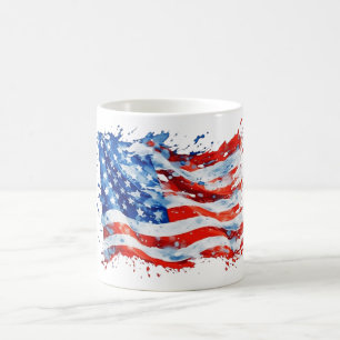 Taza De Café Bandera Americana USA Acuarela 4 de Julio