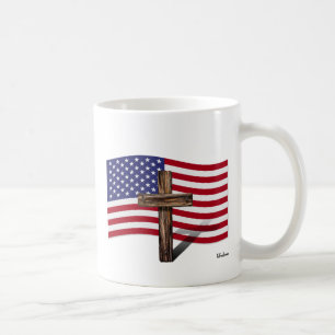 Taza De Café Bandera Americana y Cruz Rústica