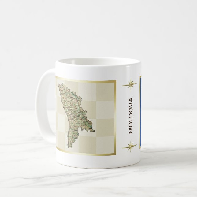 Taza De Café Bandera de Moldavia + mapa de mapas (Anverso izquierdo)