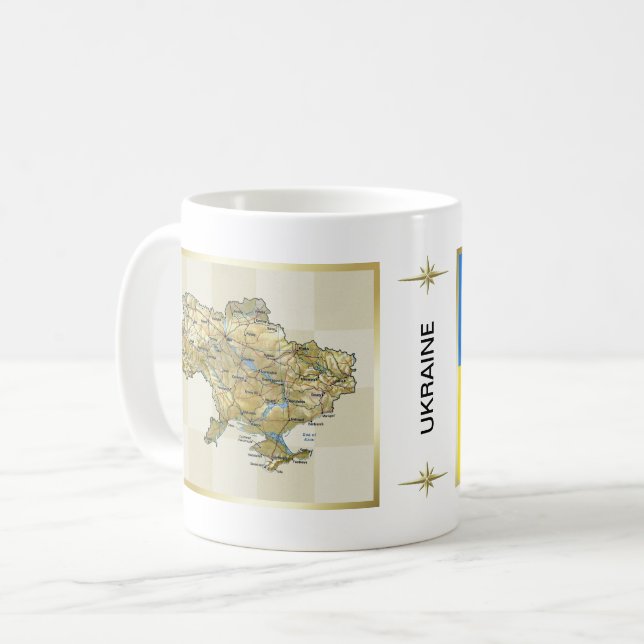 Taza De Café Bandera de Ucrania + mapa de mapas (Anverso izquierdo)