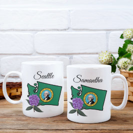 Taza De Café Bandera de Washington y Flor Pacífico Rododendros