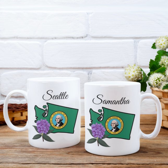 Taza De Café Bandera de Washington y Flor Pacífico Rododendros (Subido por el creador)