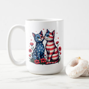 Taza De Café Bandera estadounidense de gatos y flores