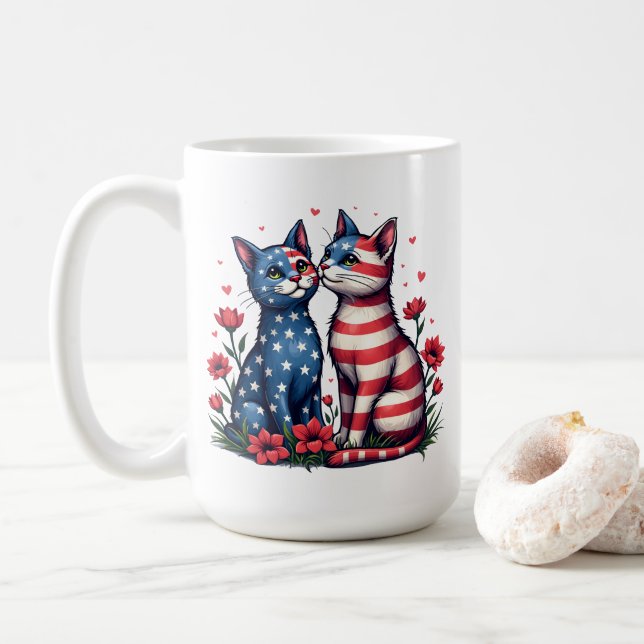 Taza De Café Bandera estadounidense de gatos y flores (Con donut)
