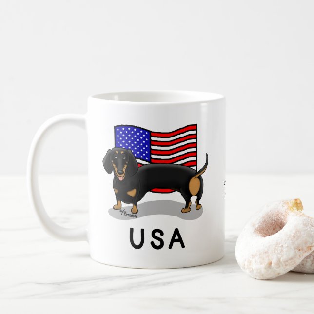 Taza De Café Bandera estadounidense de los Estados Unidos Dachs (Con donut)