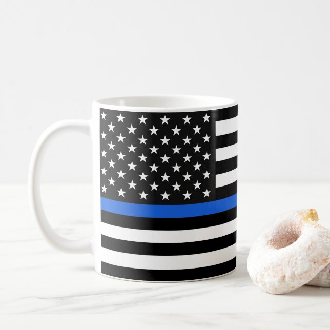 Taza De Café Bandera estadounidense delgada de la línea azul (Con donut)