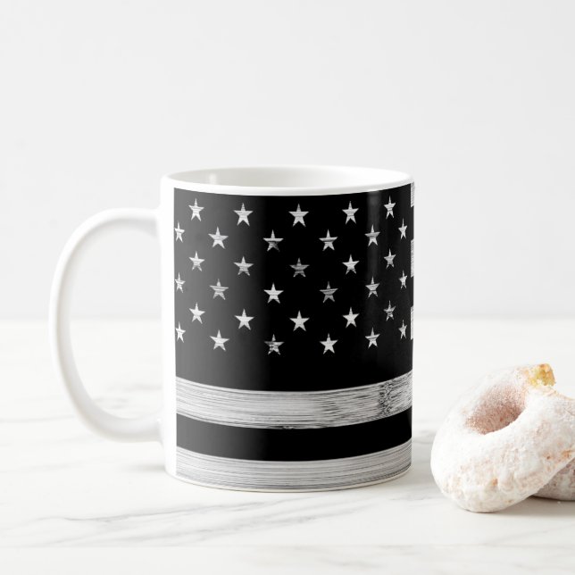 Taza De Café Bandera estadounidense Rustic Wood Black White Pat (Con donut)