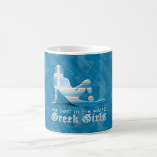 Taza De Café Bandera griega de la silueta del chica