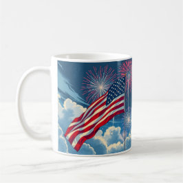 Taza De Café Bandera Patriótica Americana con fuegos artificial