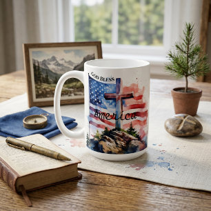 Taza De Café Bandera y cruz "Dios bendiga a América"