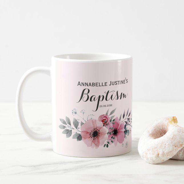 Taza De Café Baptismo Elegante Floral Rosa (Con donut)