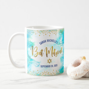 Taza De Café Bar Mitzvah Turquesa Acuarela Dorado Letra Negrita