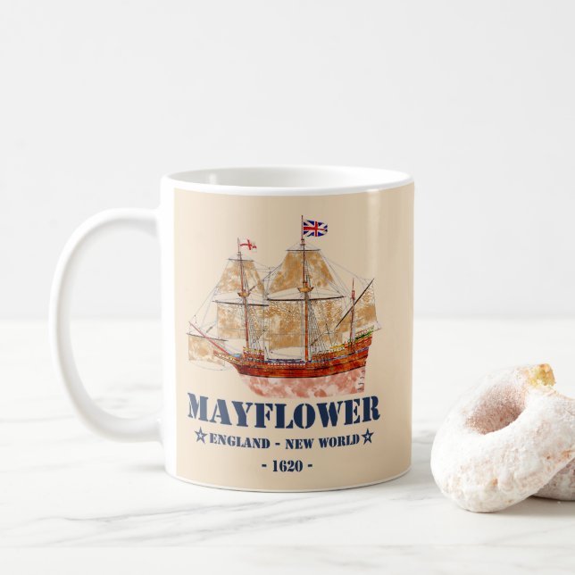 Taza De Café Barco al alza del Mayflower - Inglaterra al nuevo  (Con donut)