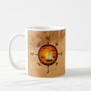 Taza De Café Barco De Navegación Y Rosa De Brújula