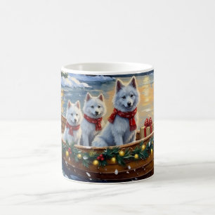 Taza De Café Barco de Navidad de Samoyedo Blanco Fiesta