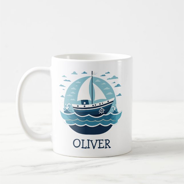 Taza De Café Barco de vela azul en el mar personalizado (Izquierda)