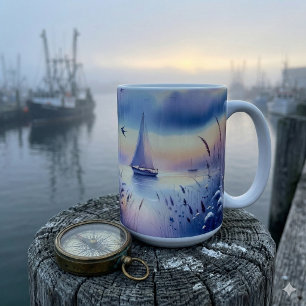 Taza De Café Barco de Vela Pastel Paisaje Costero de Ensueño