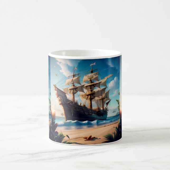 Taza De Café Barco pirata de playa tropical (Centro)