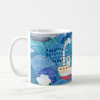 Taza De Café Barcos y faro: acuarela infantil