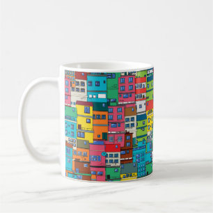Taza De Café Barrio urbano brasileño: fondo colorido.