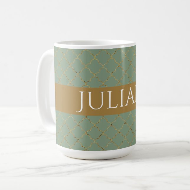 Taza De Café Basil Green Gold Quatrefoil Personalizado (Anverso izquierdo)