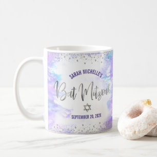 Taza De Café Bat Mitzvah Morado Aquarela Plata Escritura Modern