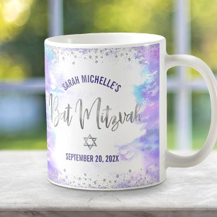Taza De Café Bat Mitzvah Morado Aquarela Plata Escritura Modern