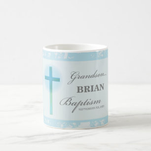 Taza De Café Bautismo de nieto con encaje azul personalizado