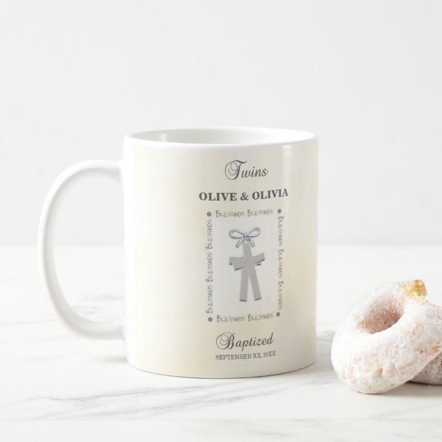 Taza De Café Bautismo gemelo en cruces amarillas 2 personalizad (Con donut)