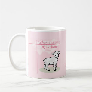 Taza De Café Bautizo de niña cordero rosa y blanco