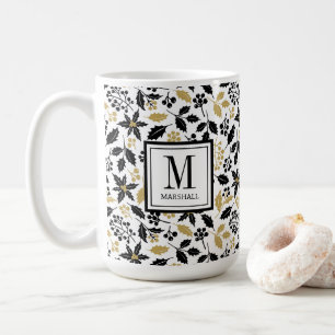 Taza De Café Bayas de Acebo Nombre Monograma Navidad Black Gold