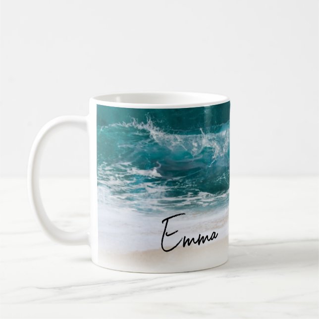 Taza De Café Beach Tropical Waves Sand Nombre moderno (Izquierda)