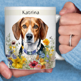 Taza De Café Beagle Dog Field of Flowes tu nombre