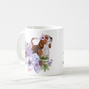 Taza De Café Beagle Rodeado de Flores Acuarelas Lujuriosas
