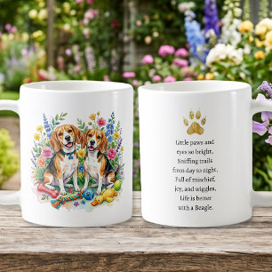 Taza De Café Beagles de Acuarela Dulce en Flores  