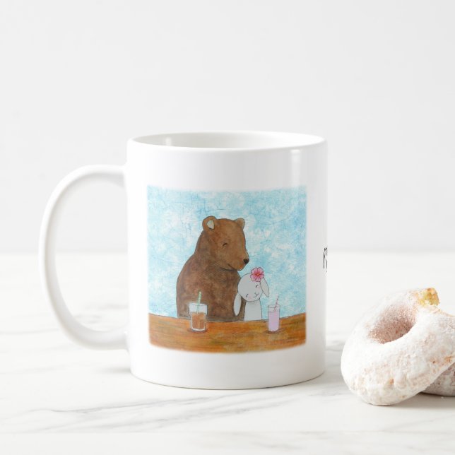Taza De Café Bear y Bunny en Picnic Cute Couple Nombre personal (Con donut)