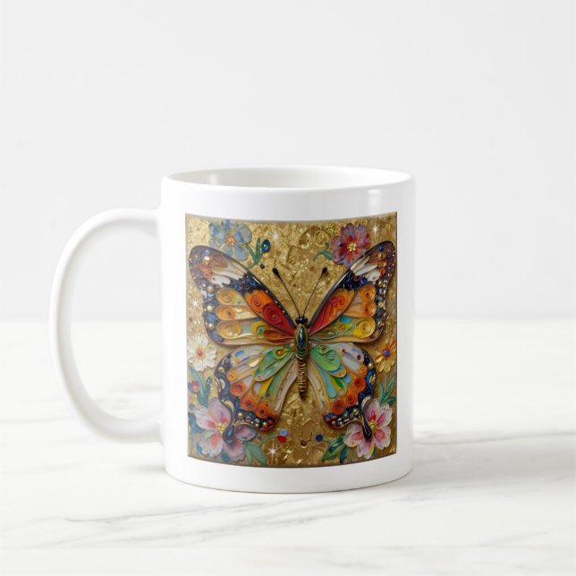 Taza De Café Beautiful Impasto Butterflies and Flowers Poem (Izquierda)