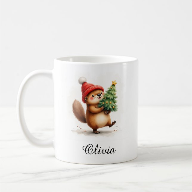 Taza De Café Beaver with Christmas Tree Custom Name (Izquierda)