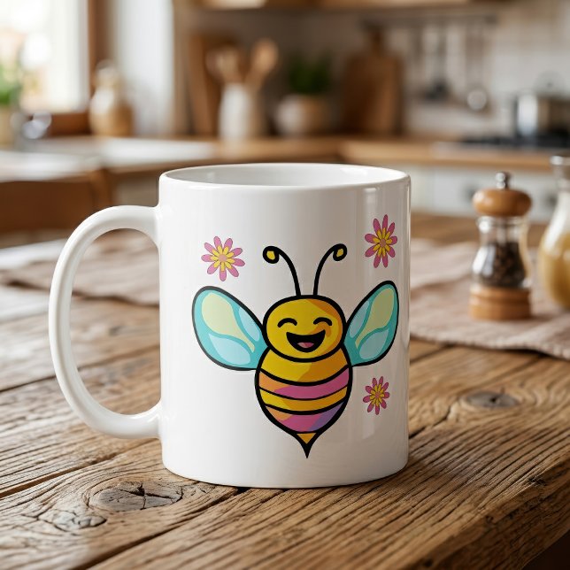 Taza De Café Bebé Abeja Kawaii Sonriente Feliz con Flores Linda (Happy Smiling Kawaii Baby Bee with Cute Flowers. Coffee Mug)