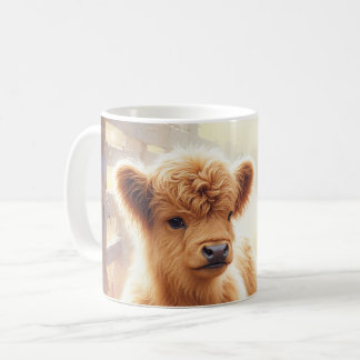Taza De Café Bebé adorable de vaca Highland en campo de flores