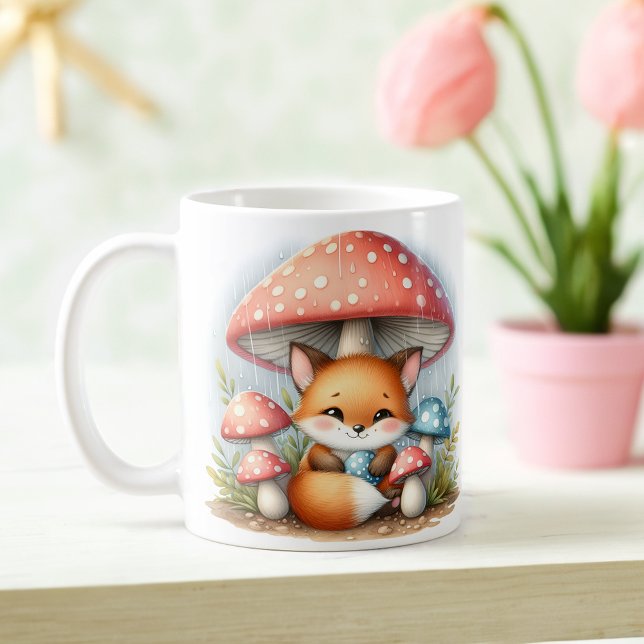 Taza De Café Bebé Adorable Fox Bajo El Paraguas Del Mushroom (Subido por el creador)