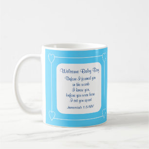 Taza De Café Bebé azul y blanco ducha Biblia Fiesta Verso