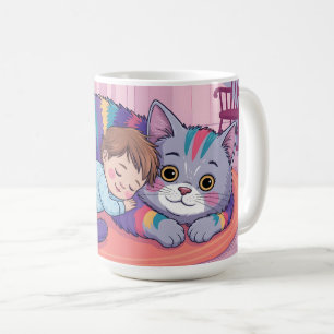 Taza De Café Bebé Lindo Durmiendo sobre un Gato Esponjoso y Arc