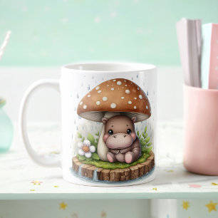 Taza De Café Bebé lindo Hippotamo bajo paraguas de hongos